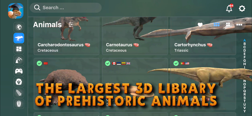 3D Dinopedia: Paleontology - A screenshot of the 3D Dinopedia app displaying its comprehensive 3D library of prehistoric animals including dinosaurs with their names and geological periods.