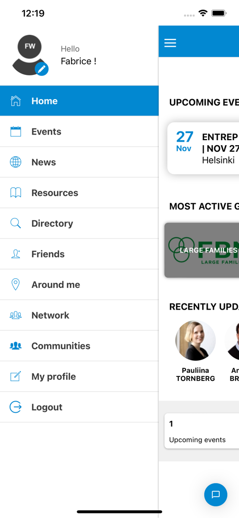 FBN Connect - Side navigation menu of the FBN Connect app showing member profile and networking features