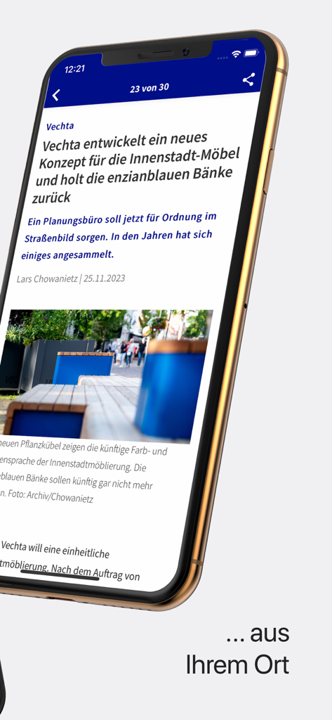 Aplicativo móvel OM Online exibindo uma reportagem de notícias locais de Vechta em um iPhone