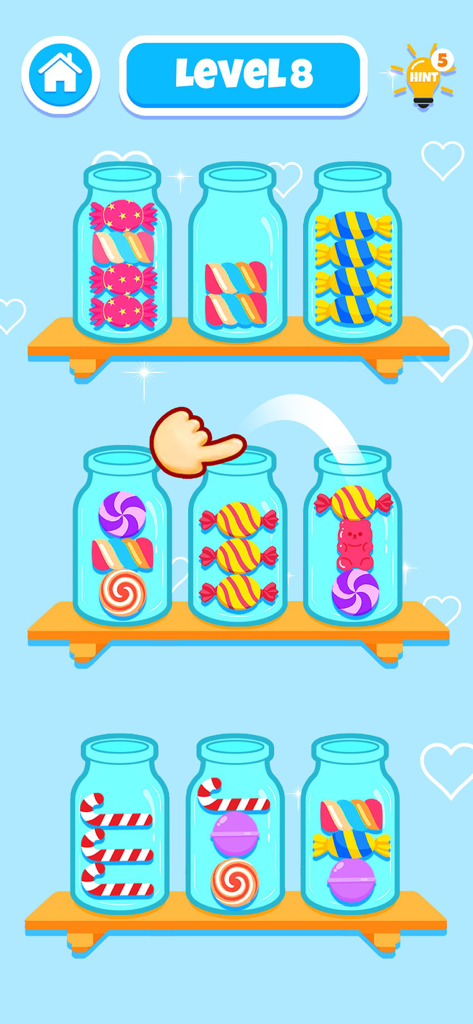 Brain On: Baby Puzzle Games - Un niño clasificando caramelos de colores en frascos de vidrio sobre estantes de madera en un juego de puzzle de lógica.