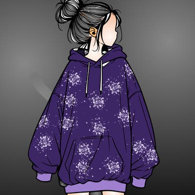 realistic girl with a oversized sweatshirt on and a bun