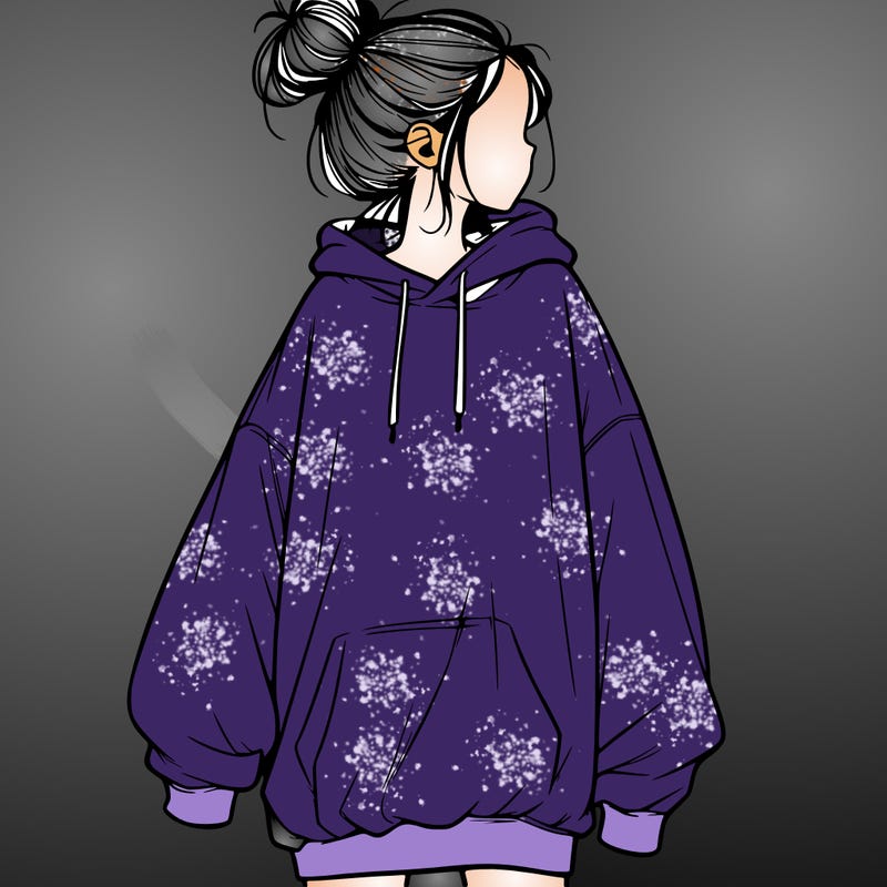realistic girl with a oversized sweatshirt on and a bun