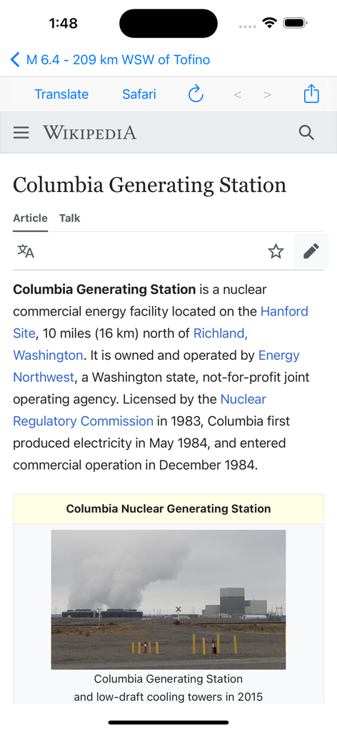 Wikipedia page within the earthquake app showing information about a nuclear power plant