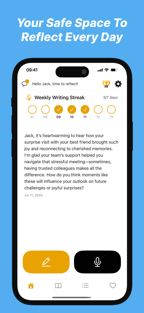 Journaling for Busy People - Interfaz de la aplicación Reflectary que muestra una racha de escritura semanal y una reflexión de diario de IA personalizada con opciones de entrada de voz y texto