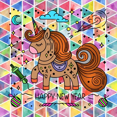 happy new year illustration calligraphic style outline; thin lines; light colors
