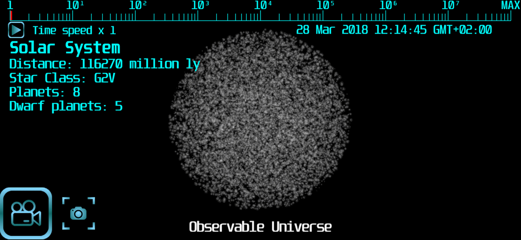 Une vue large montrant l'échelle de l'univers observable dans l'application Advanced Space Flight Lite