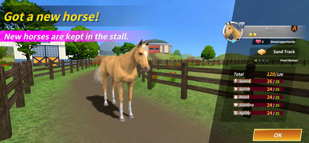 Derby Life - A realistic 3D palomino horse in a ranch setting with its racing stats displayed on the screen in the Derby Life mobile game
