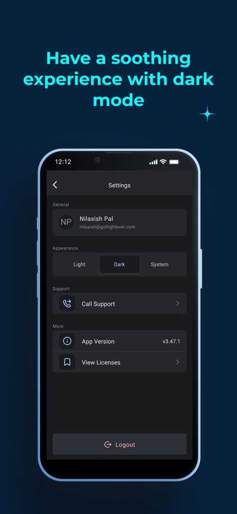 Settings menu of the HighLevel mobile app with dark mode enabled.