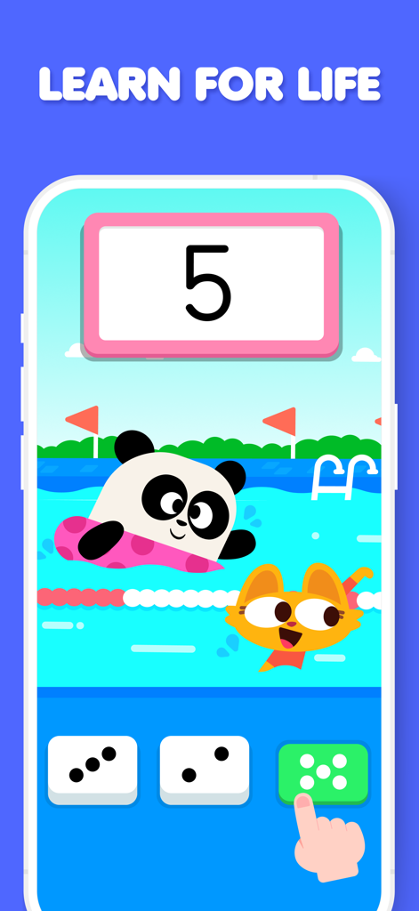 Un juego de matemáticas para preescolar en la aplicación Lingokids donde un niño empareja el número cinco con los puntos correspondientes en un botón con un panda en una piscina.