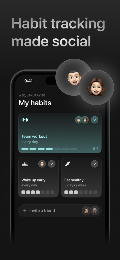 HabitLink: Habits with Friends - HabitLink app dashboard showing social habit tracking with friends for team workouts and healthy routines