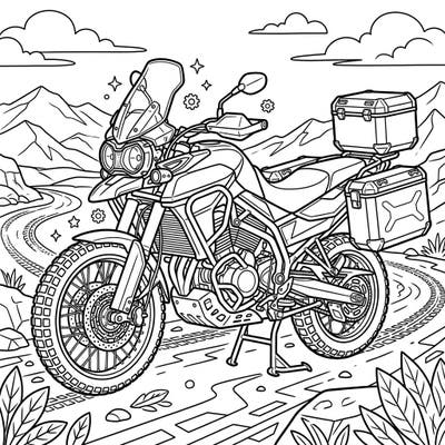 Ignite your wanderlust with this thrilling adventure motorcycle coloring page. Perfect for enthusiasts, this design features a robust bike ready for any journey.