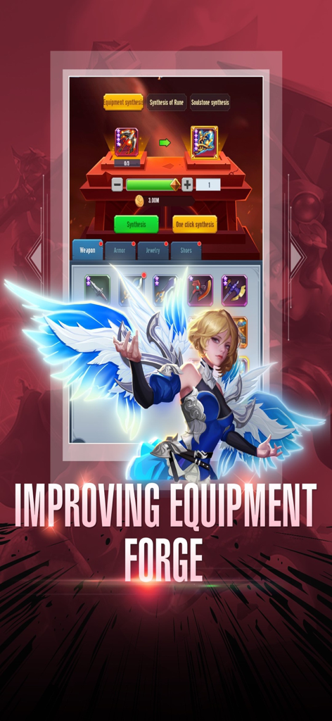 Siberium - Siberium game interface for equipment synthesis and forge featuring a blue-winged anime hero