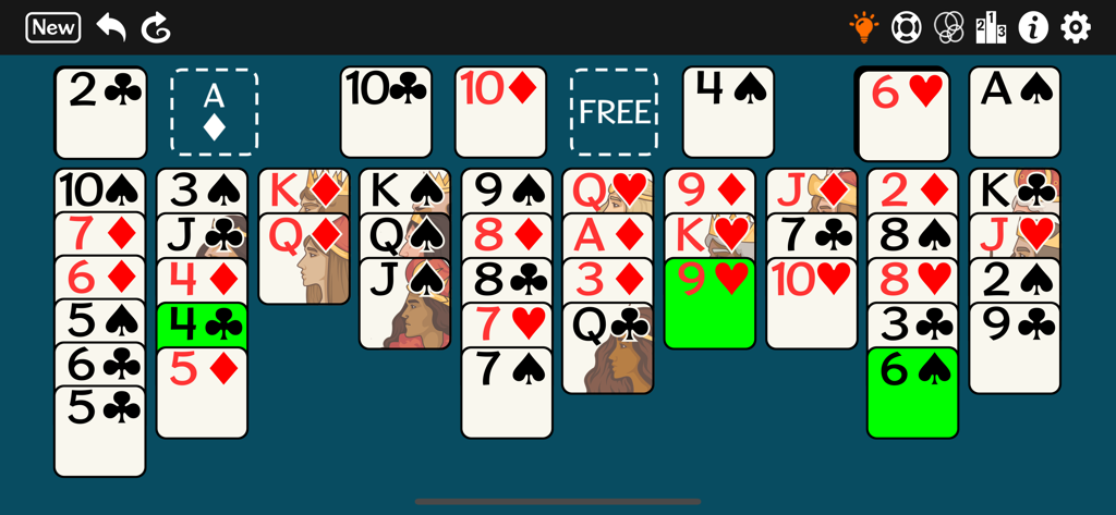 A game session of Seahaven Towers plus showing a clean card layout on a teal background with free cells and cascading stacks.