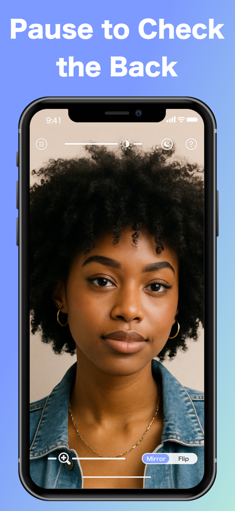 Smartphone screen showing the Mirror App HD with a woman using the pause feature to check her appearance