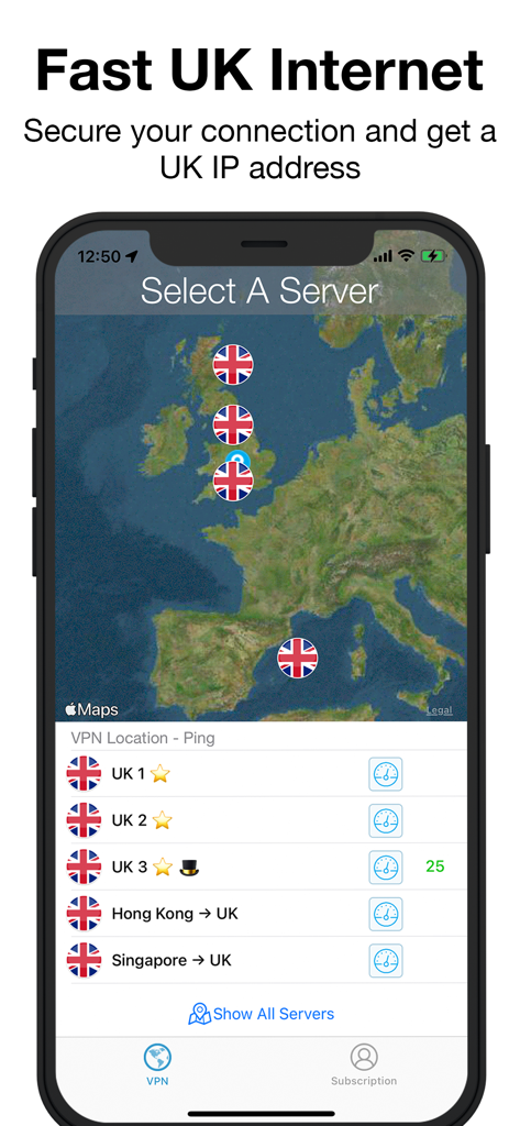 UK VPN: Fast & Secure Internet - Interfaz de la aplicación móvil UK VPN mostrando un mapa del Reino Unido con varias ubicaciones de servidores para seleccionar