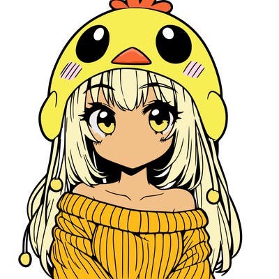 anime girl with chick shaped hat with sweater with bare shoulders with bangs covering them one eye with low tail