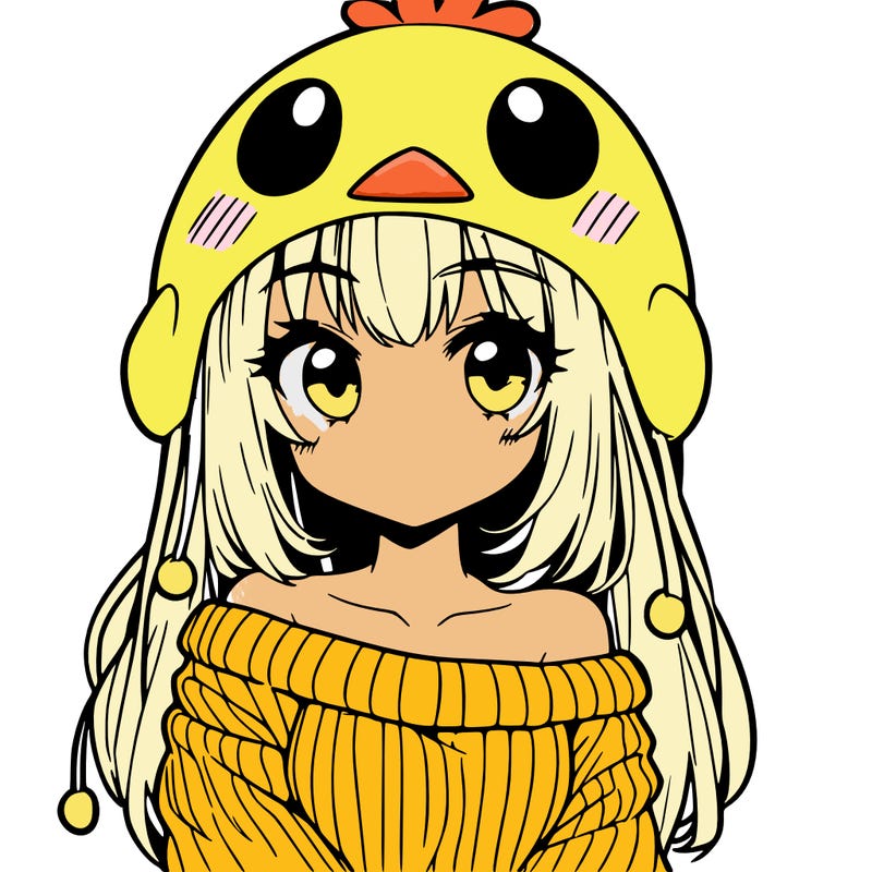 anime girl with chick shaped hat with sweater with bare shoulders with bangs covering them one eye with low tail