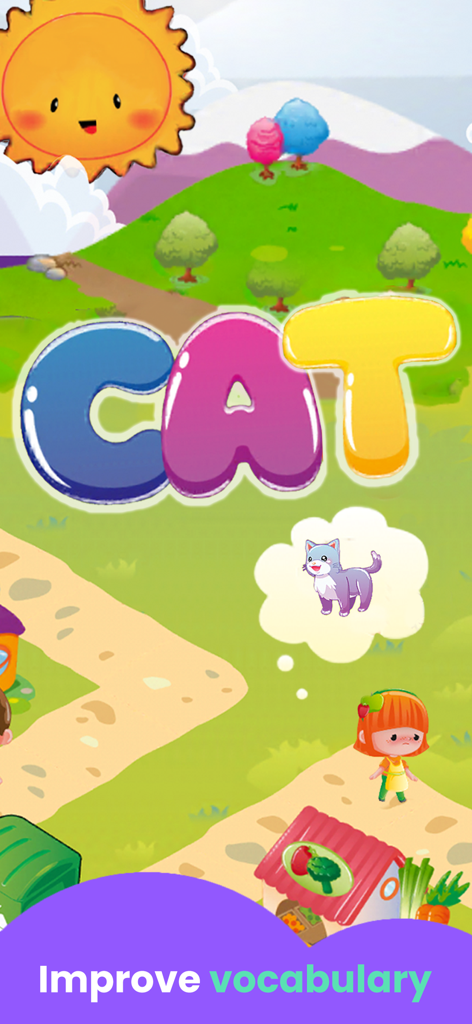 Educational game screen showing the word CAT in large colorful letters with a cat illustration for vocabulary building
