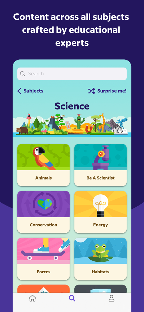 BrainPOP Jr. App-Bildschirm mit verschiedenen wissenschaftlichen Themen für Kinder wie Tiere, Naturschutz und Energie
