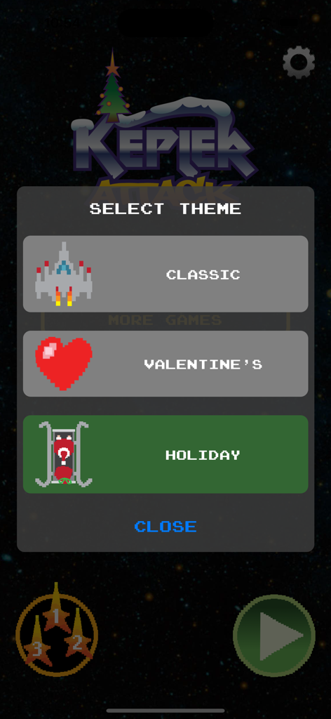 Kepler Attack - Watch Game - Theme selection menu in Kepler Attack showing options for Classic, Valentine's, and Holiday modes with pixel art icons.