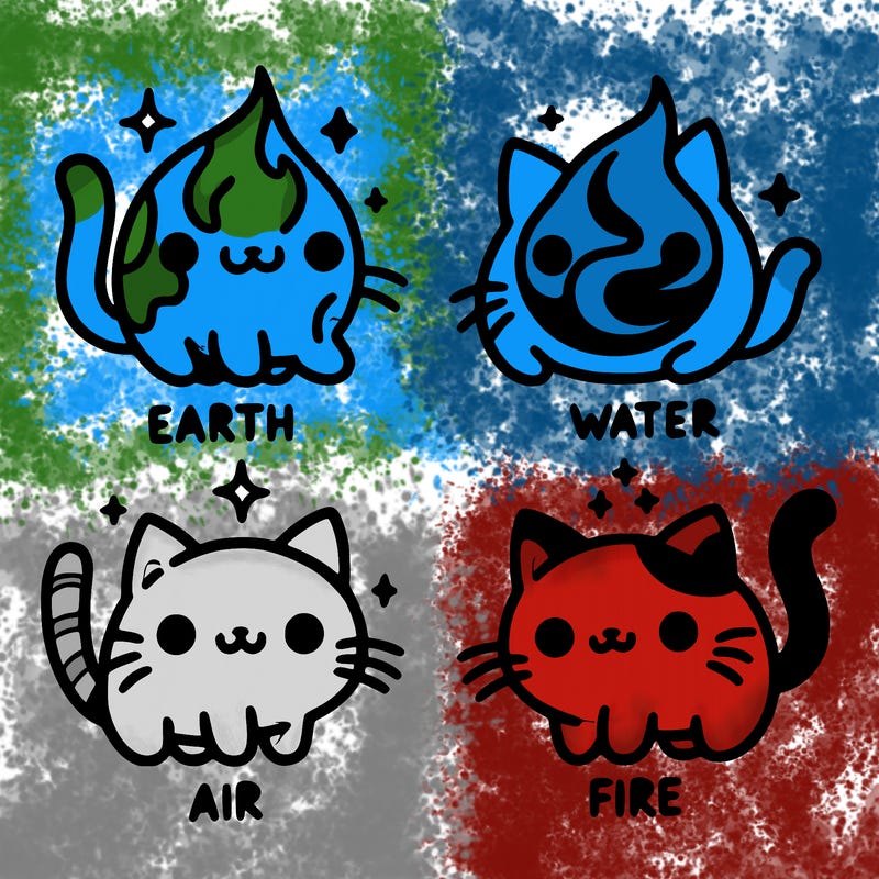 4 cats that represent the different elements, earth, water, air, and fire
