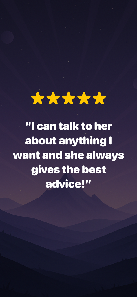 Five star review for ChatAI assistant app with a user testimonial about getting advice