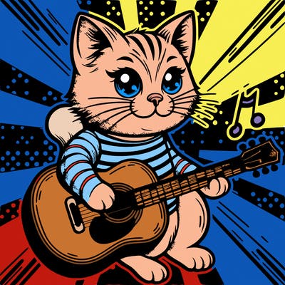 pop art cat with a guitar