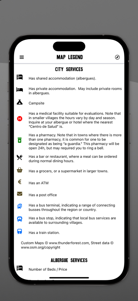 Map legend screen of the Wise Pilgrim Camino Portugués app showing icons and descriptions for city services such as accommodation medical facilities and transportation