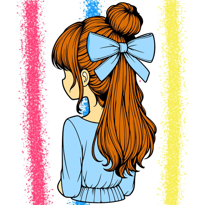 realistic girl  with hip length hair a bun and a big bow on the back of head