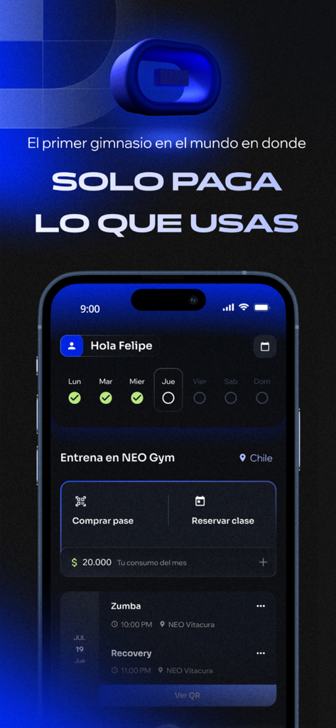 NEO App - Mobile screen of NEO App showing the pay-per-use dashboard and workout schedule