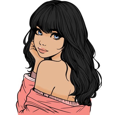 realistic girl with bangs looking over her shoulder