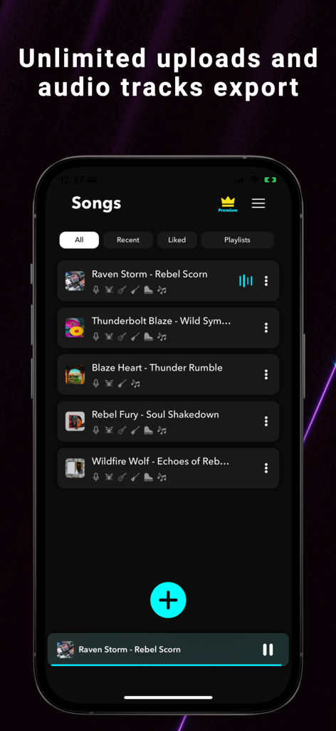 Splitteroo: Vocal Remover - Interface of the Splitteroo app showing a list of songs with the headline unlimited uploads and audio tracks export.