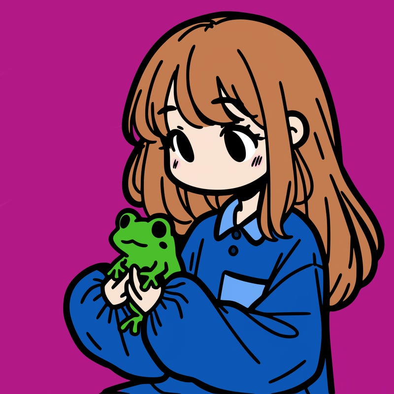 girl with long hair and a oversized shirt. and she is holding a frog