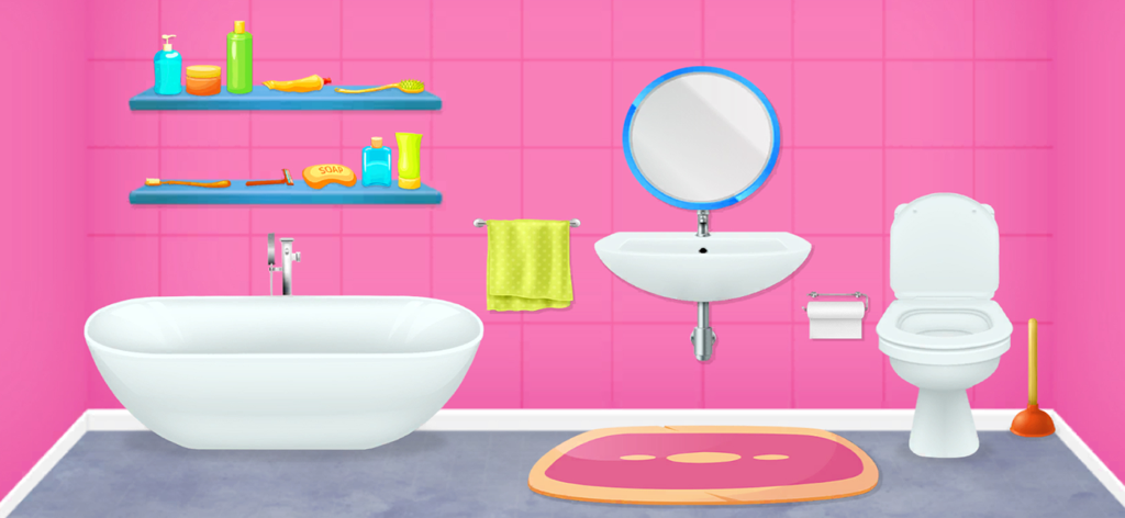Doll Home: ASMR Cleaning Games - A clean pink bathroom in a doll house featuring a bathtub sink and toilet