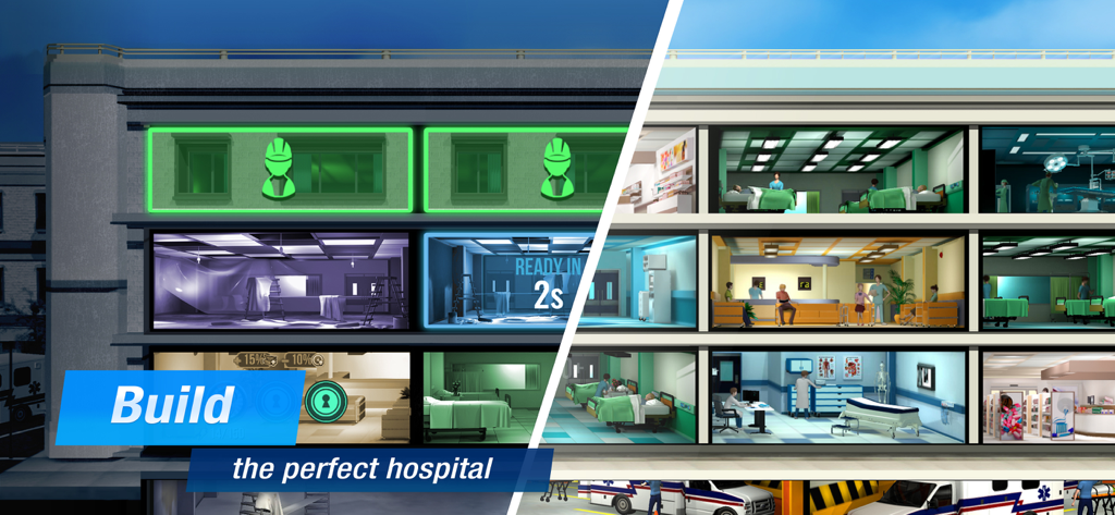 A split screen showing a hospital under construction on the left and a busy fully equipped medical facility on the right with the text Build the perfect hospital