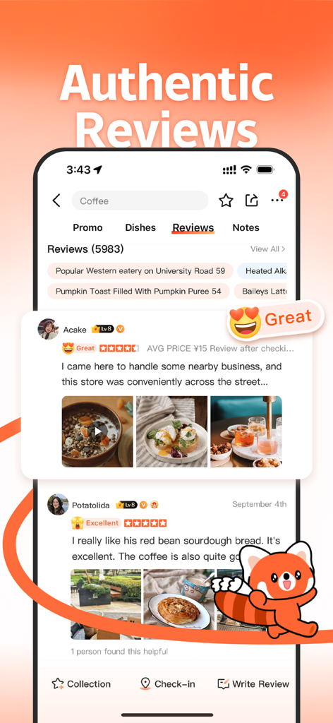 Interfaccia dell'app Dianping che mostra recensioni autentiche degli utenti con foto di vari piatti e fotografia di alta qualità.