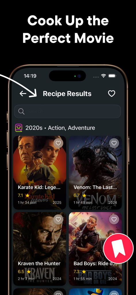 Pantalla de resultados de búsqueda de películas de acción y aventura