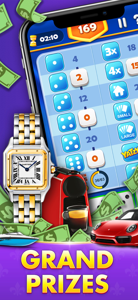 Yatzy Cash - Win Real Money - 高級賞品（金時計やスポーツカーなど）に囲まれた Yatzy Cash ゲームプレイが表示されているモバイル画面。