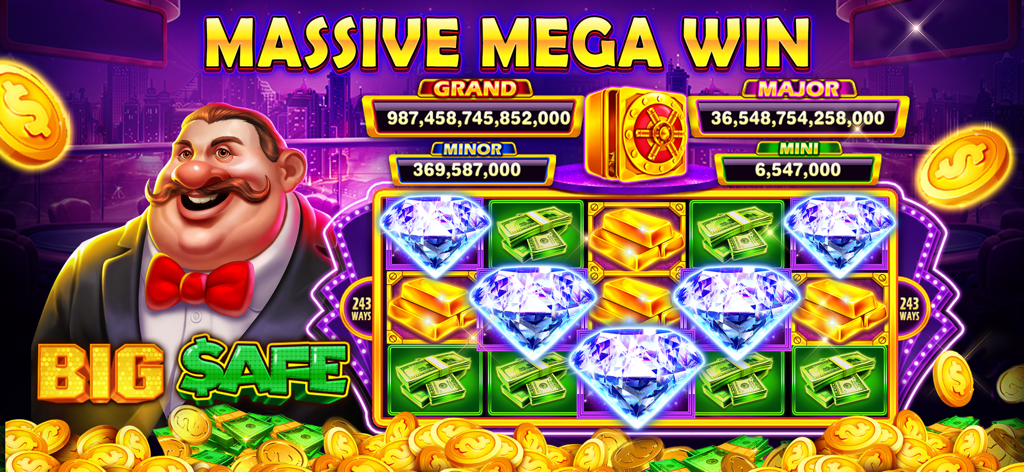 Billion Cash Slots-Casino Game - Pantalla del juego Billion Cash Slots que muestra una Mega Ganancia Masiva con diamantes y lingotes de oro