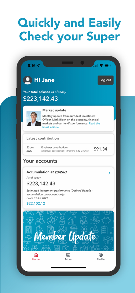Brighter Super - Brighter Super mobile app dashboard showing account balance and latest superannuation contributions