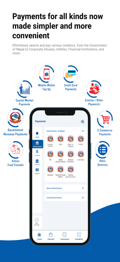 connectIPSアプリのインターフェース。ネパールでの政府サービス、公共料金、送金の支払いオプションを表示しています