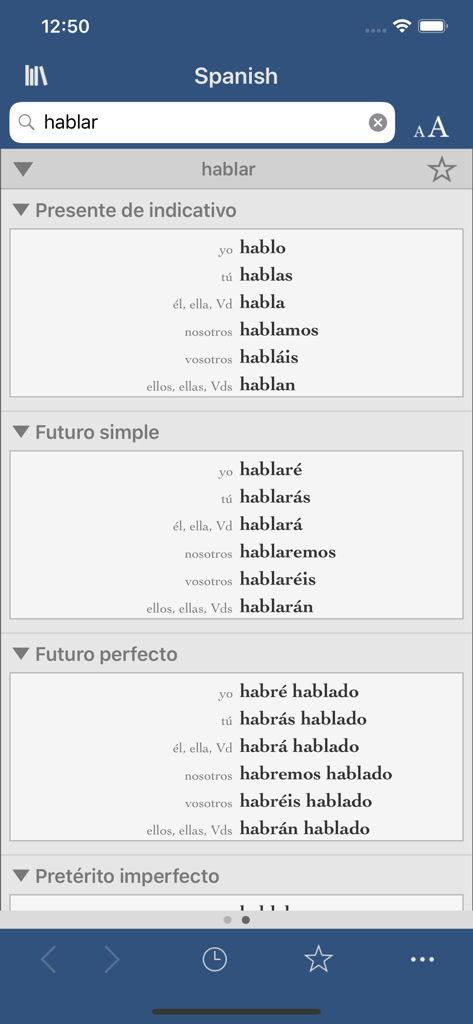 Verb conjugation tool in the Vox Comprehensive Spanish app showing various tenses for the verb hablar.