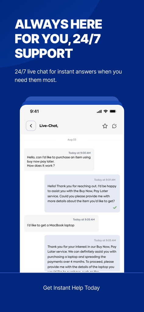 CredPal - CredPal app interface showing 24/7 live chat support for credit and buy now pay later inquiries