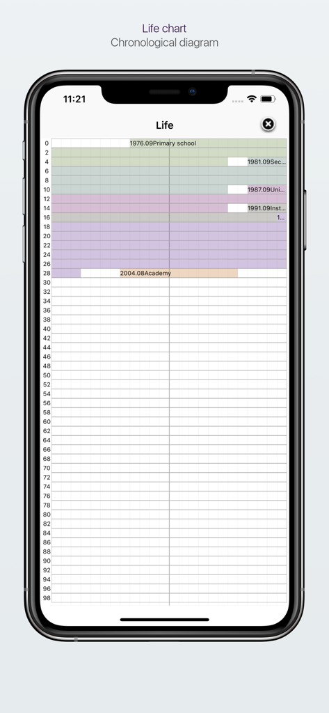 교육 과정과 같은 주요 인생 사건을 연도 타임라인에 맞춰 표시하는 가족 트리 앱 내 연대순 인생 차트 다이어그램.