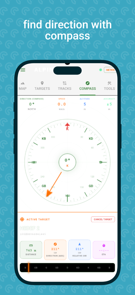 Alpine Quest PRO - Alpine Quest PRO app interface displaying a tactical digital compass and navigation data including altitude and distance to target