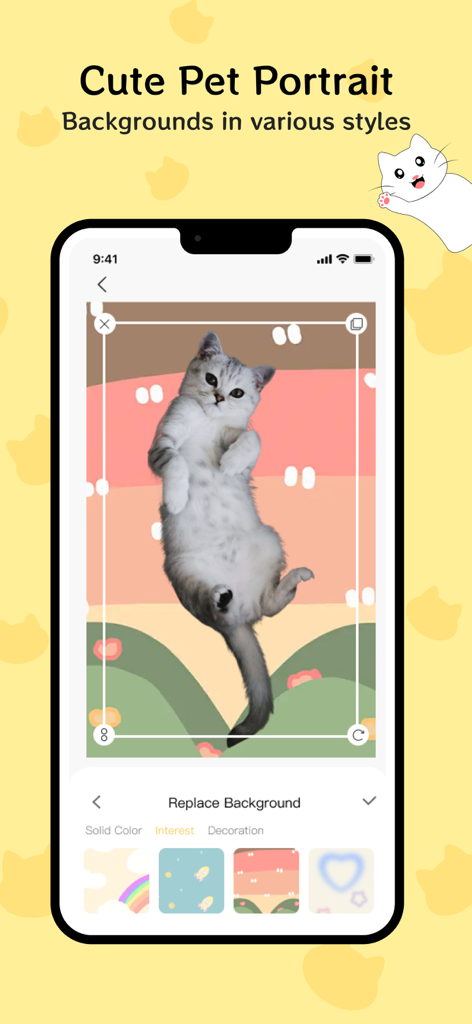 A screenshot of the Emoji-Sticker Maker app showing a cat portrait with customizable background styles.