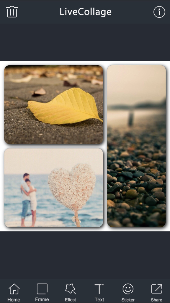 LiveCollage app interface showing a three photo collage grid with nature and romantic photos