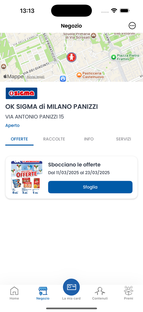 SuperSIGMA - SuperSIGMA app screen showing a map of a supermarket location in Milan and available promotional offers.