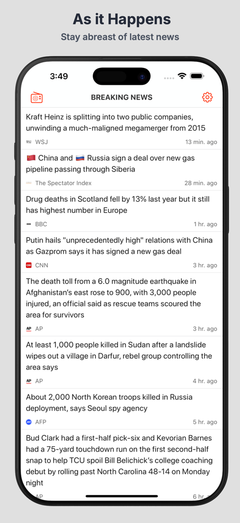 Breaking News - Breaking News app interface showing a chronological list of global headlines from trusted news sources like WSJ and CNN