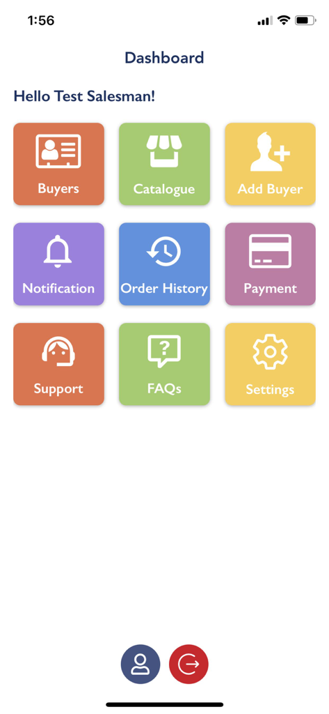 Painel do aplicativo Storimart Salesman Ordering mostrando ícones de menu para compradores, catálogo, adicionar comprador, notificações, histórico de pedidos, pagamento, suporte, FAQs e configurações